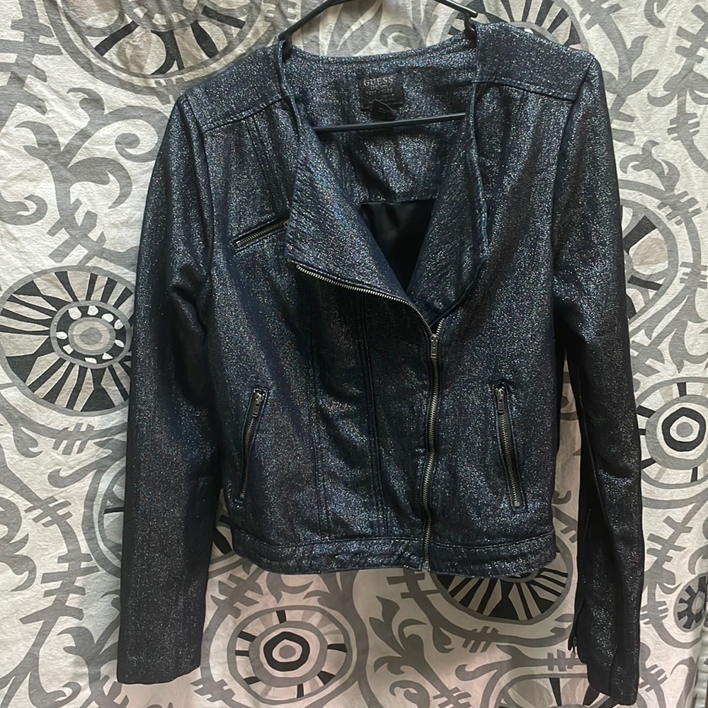 Black shimmer Guess Women Denim Moto Jacket Sz M — Lined Zipper Long Sleeve